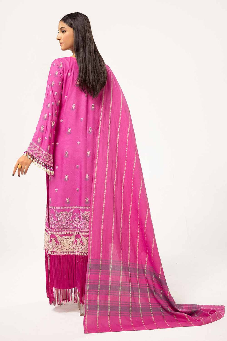 3 Piece Unstitched Lacquer Printed Stripe Karandi Suit with Yarn Dyed Dupatta