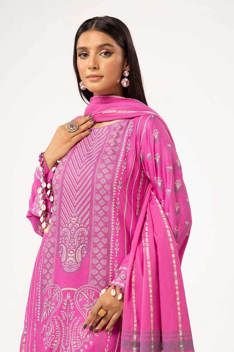 3 Piece Unstitched Lacquer Printed Stripe Karandi Suit with Yarn Dyed Dupatta
