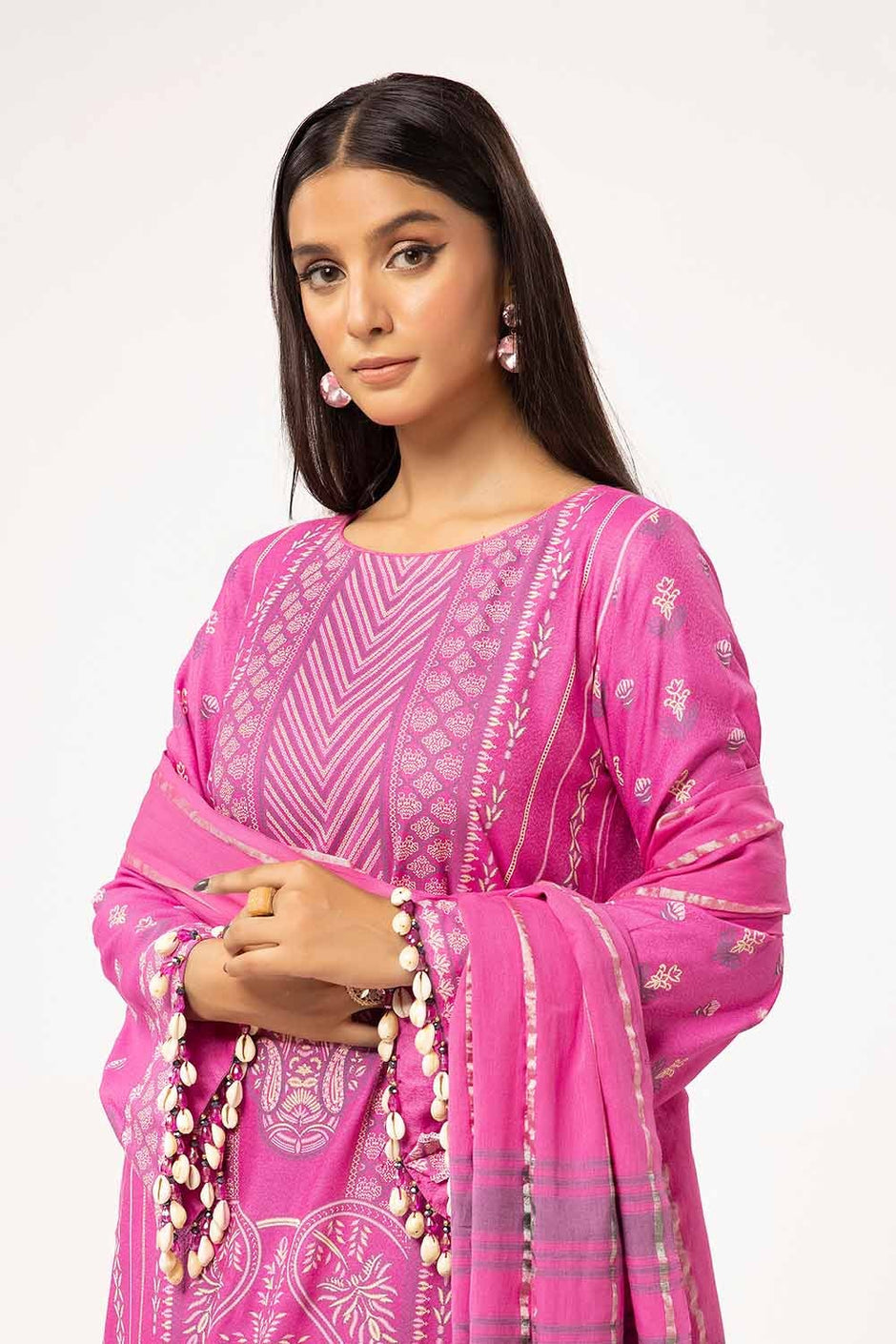3 Piece Unstitched Lacquer Printed Stripe Karandi Suit with Yarn Dyed Dupatta