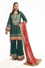 3 Piece Unstitched Embroidered Lawn Suit with Zari Sequins Embroidered Chiffon Dupatta BM-52024