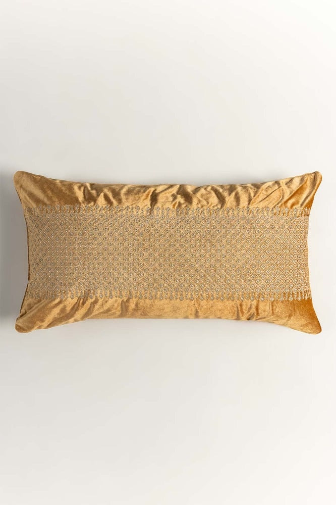 Zari Caramel Velvet Embroidered Cushion Cover